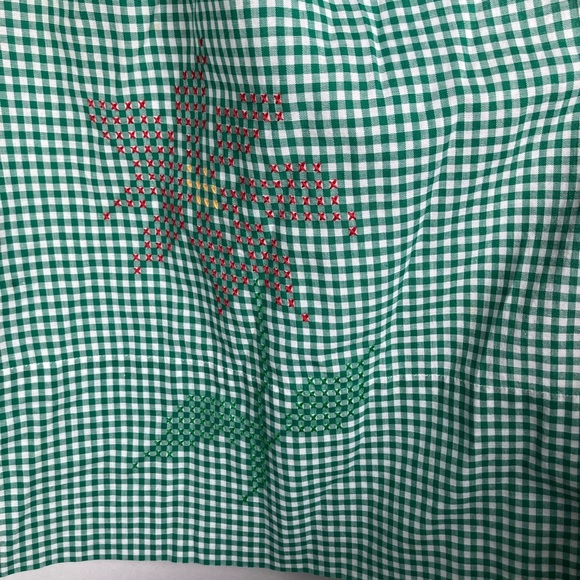 Vintage Handmade Green Gingham Kitchen Waist Apron with Stitched Poinsettias - Picture 4 of 10